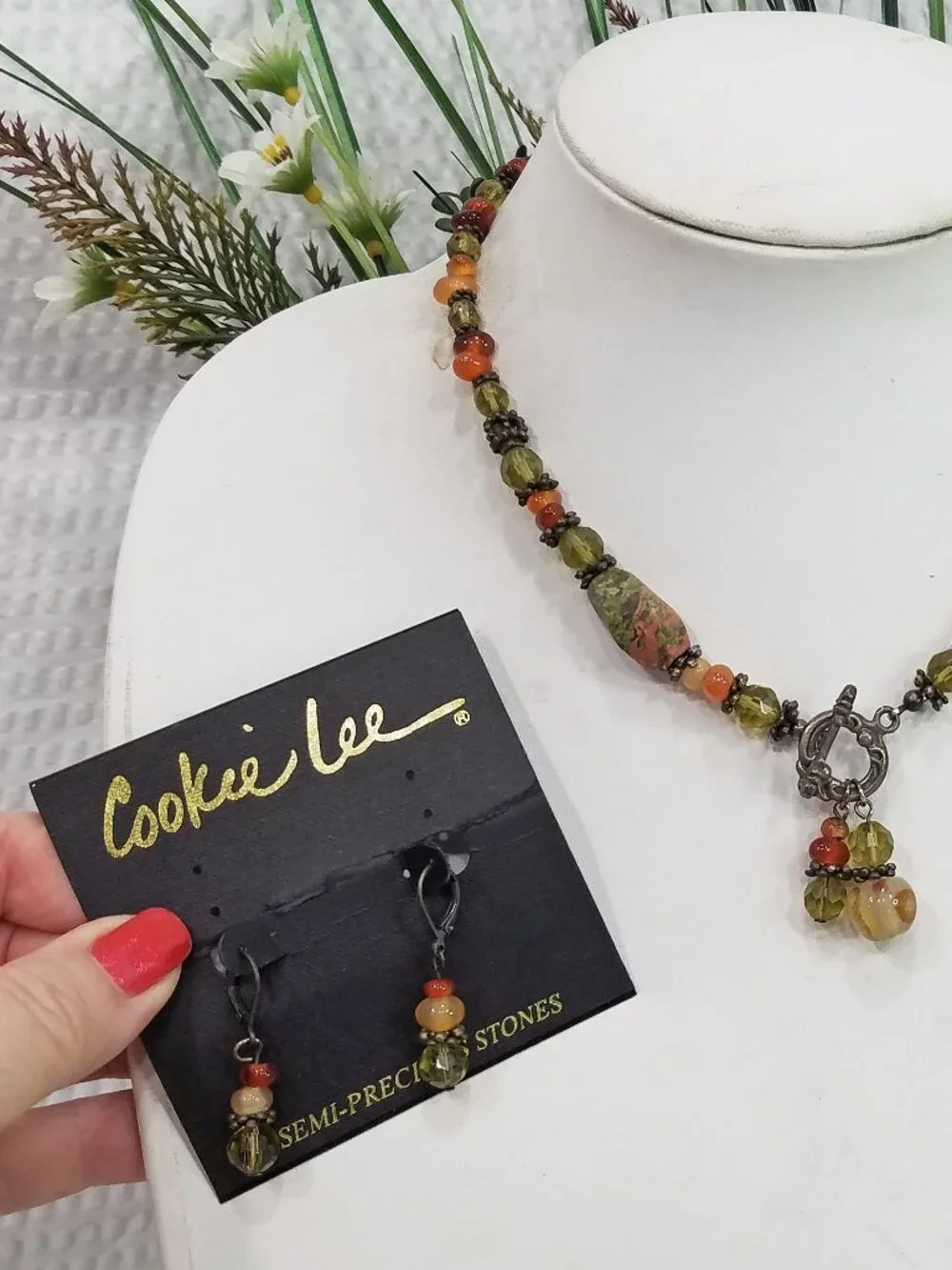 Vintage Cookie Lee Semi Precious Unakite Jasper Choker Necklace Earring Set NWT